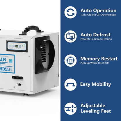 Auto operation and defrost, memory restart, easy mobility and adjustable leveling feet